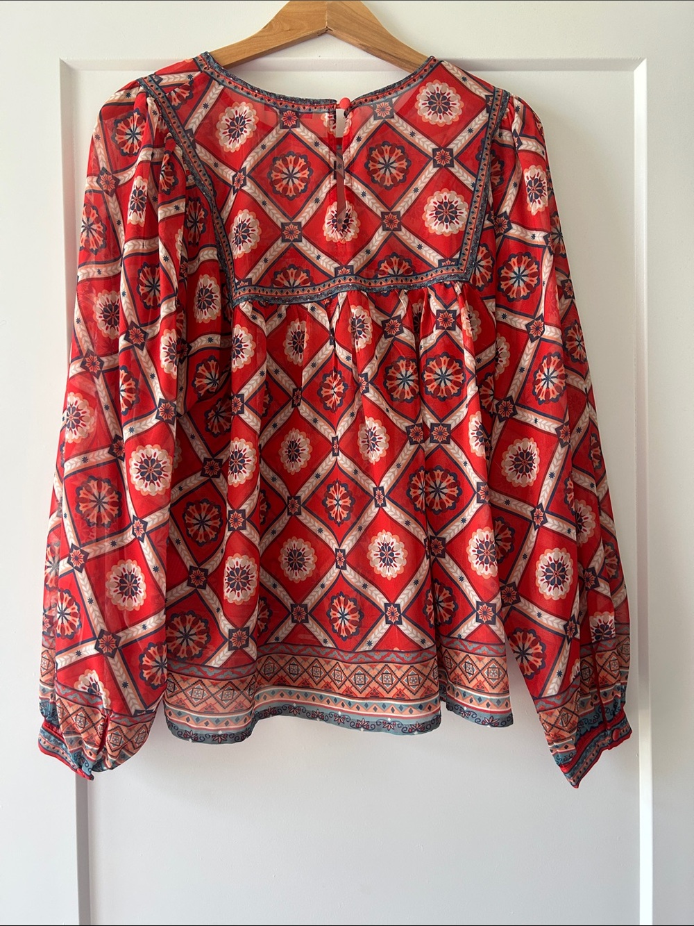 Flying Tomato Red Geometric Tile Print Peasant Blouse - Picture 5 of 5